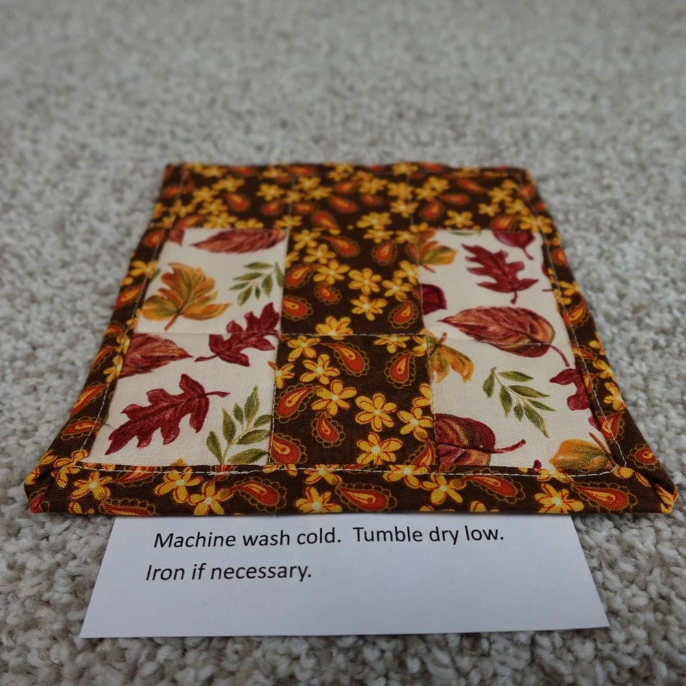 Handmade Quilted Leaf Mug Rugs Set of 2 Brown Fall Floral Cotton Coasters 6x7